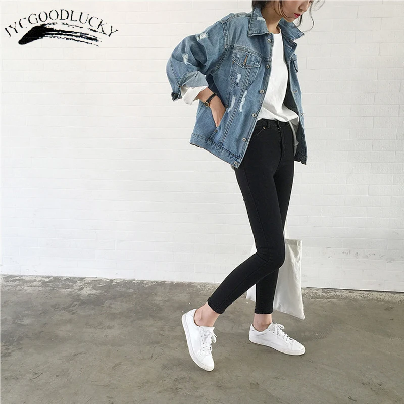 

Casual Ripped Basic Jackets Autumn Turn Down Collar Jeans Denim Jacket Coat Female Long Sleeve Torn Coats For Women With Hole