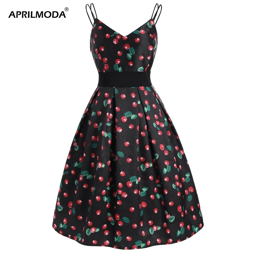 Женский сарафан на бретелях спагетти с принтом вишни|Женские платья| |