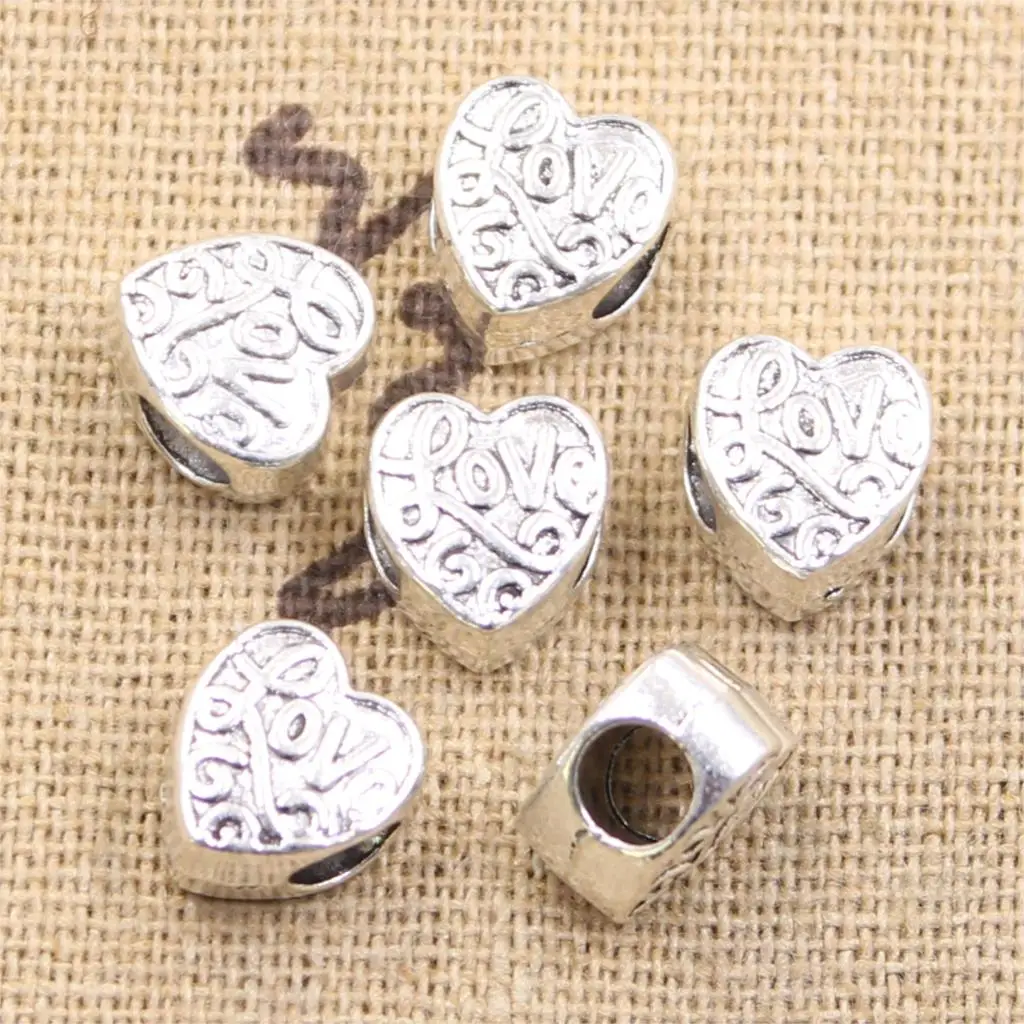 15pcs 10x9x7mm Heart With Love 4.5mm Big Hole Bead Charm Fits Antique Silver Color Bracelets Wholesale DIY Making fit - купить по