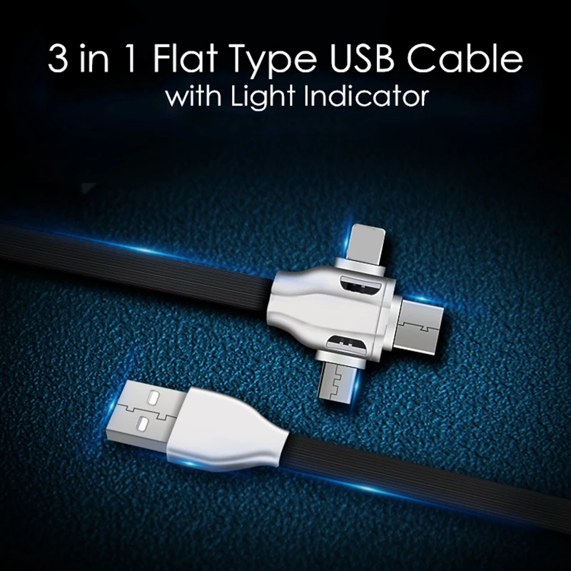 3 в 1 кабель USB светильник плоский кабель Micro usb type-C кабель для huawei Xiaomi Redmi samsung USB кабель для iPhone XR X XS MAX