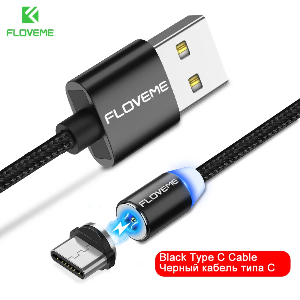 Black Type c FLOVEME 1 м Магнитный USB кабель, СВЕТОДИОДНЫЙ Магнитный зарядный кабель Micro USB для iPhone X 7 6 5 для samsung Galaxy S8 S9 type C - Цвет: Black Type c