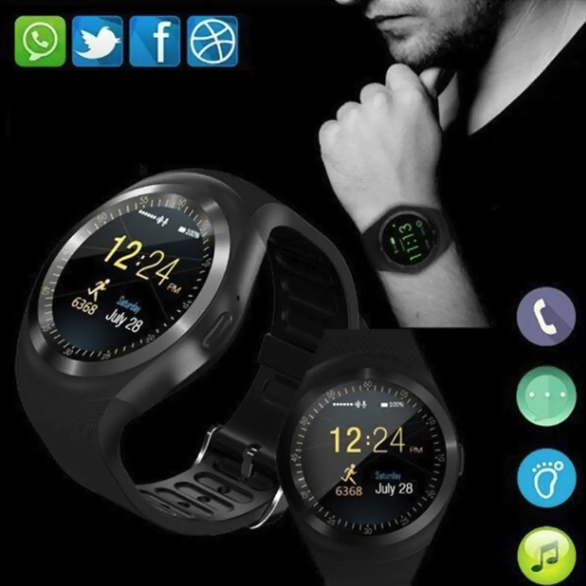 Bluetooth Y1 Смарт часы Relogio Android SmartWatch телефонный звонок GSM Sim Удаленная камера Дисплей