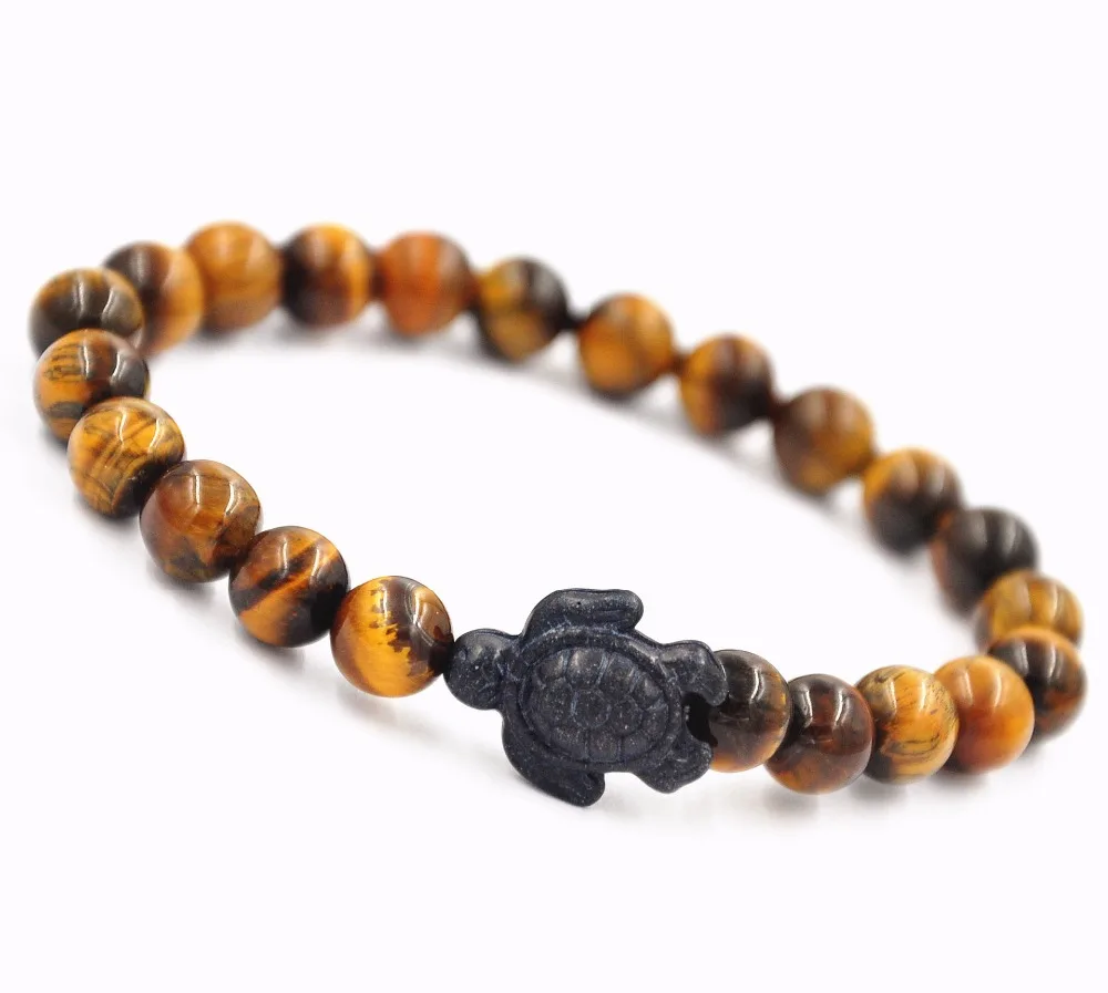 Желтый tiger'eye камень Браслеты с бисером Черепаха Черный Шарм браслет Йога Модные украшения для Для мужчин Для женщин подарок