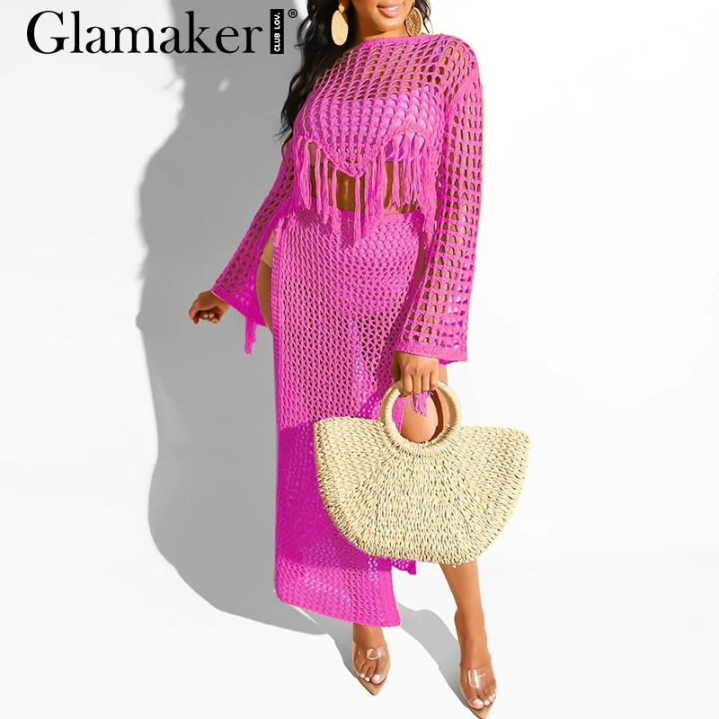 Glamaker, сексуальное трикотажное платье, женское, длинный рукав, высокий разрез, элегантное, макси платье, вечерние, для клуба, с кисточками, два предмета, костюм, платье - Цвет: Rose red