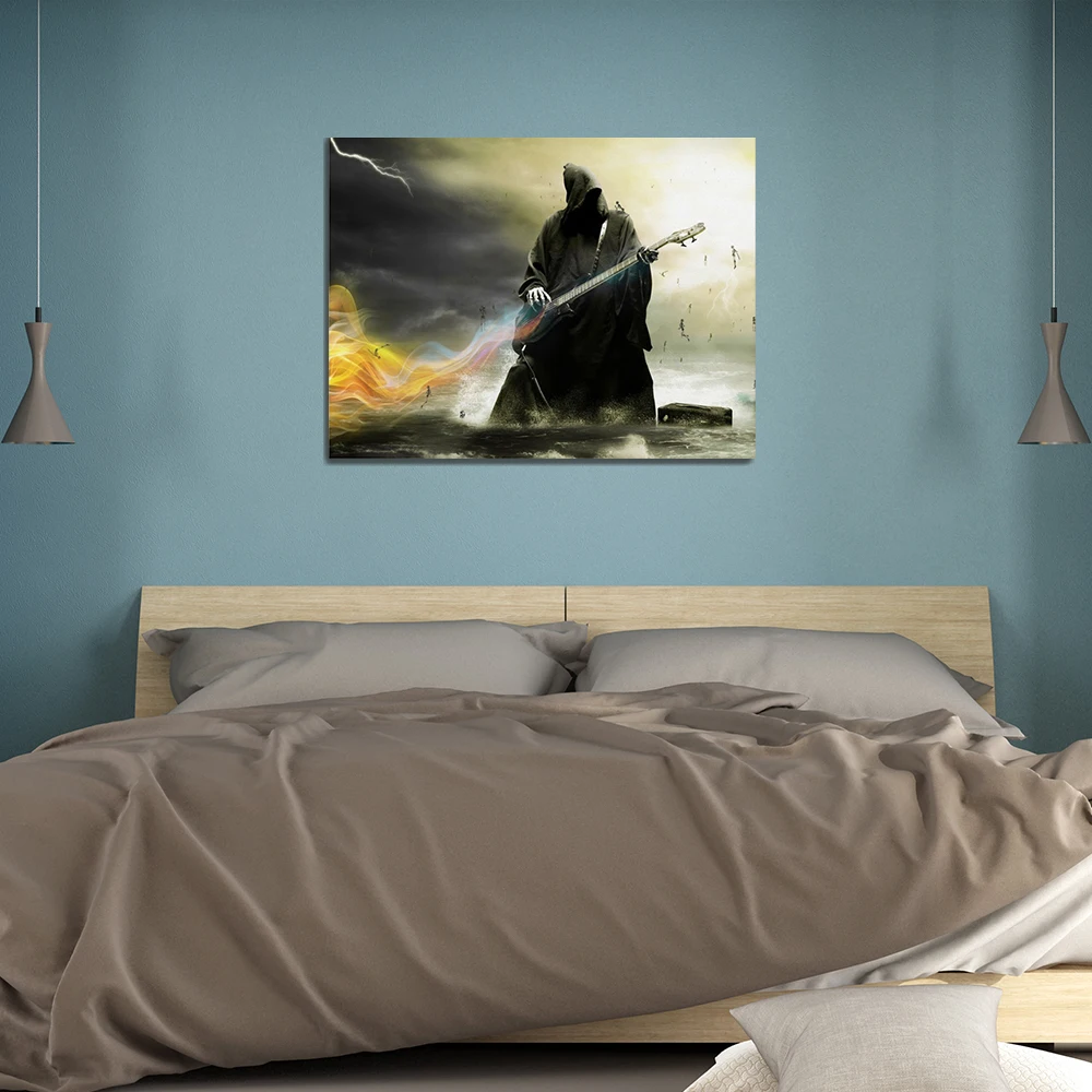 Laeacco Canvas Calligraphy Painting Rock Ghost Poster and Print Guitar Horror Theme Art Pictures For Living Room Home Decoration | Дом и сад