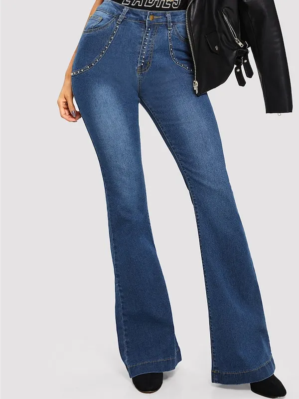 Синие Облегающие расклешенные джинсы с бусинами и высокой талией карманами для