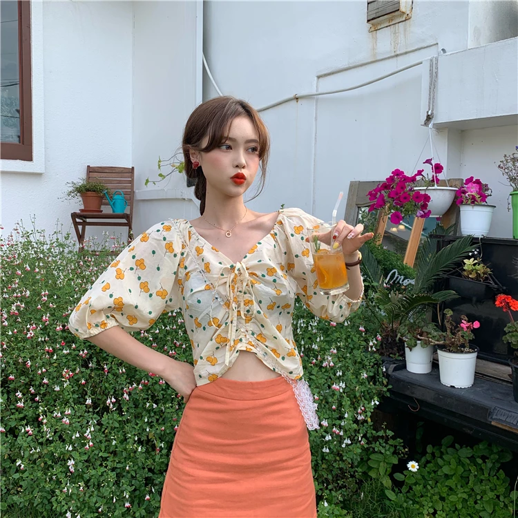 fashion puff sleeve Drawstring lace up summer new v-neck sweet Blouses Women Shirts brand Korean tops aesthetic hot ins |