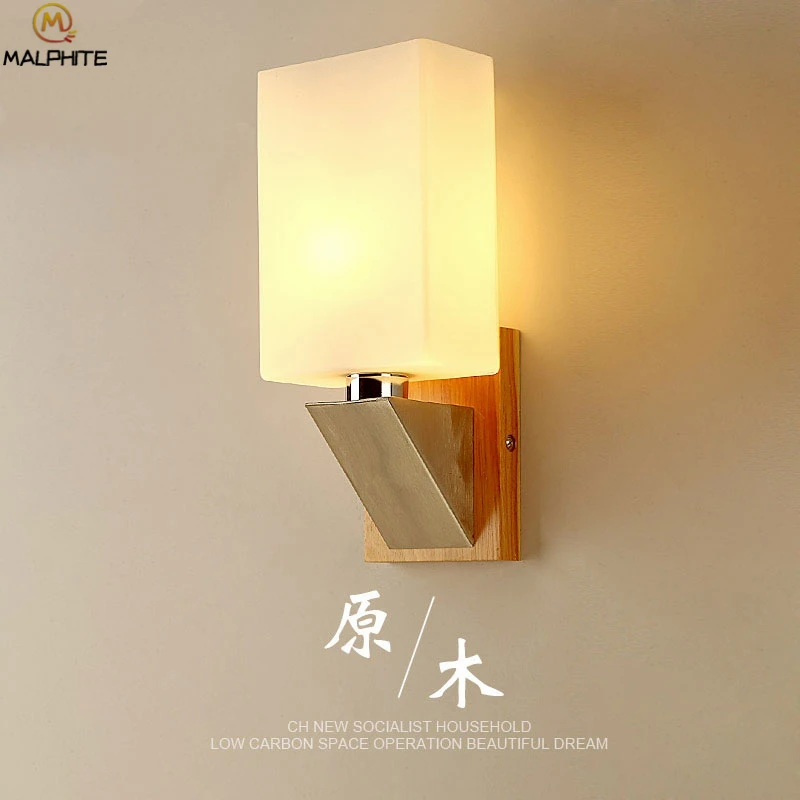 

Modern Glass lampshade Led Wall Lamp Corridor Bathroom Wooden Lighting Fixtures For Home Bedside Wall Lamp Indoor Deco Luminaire