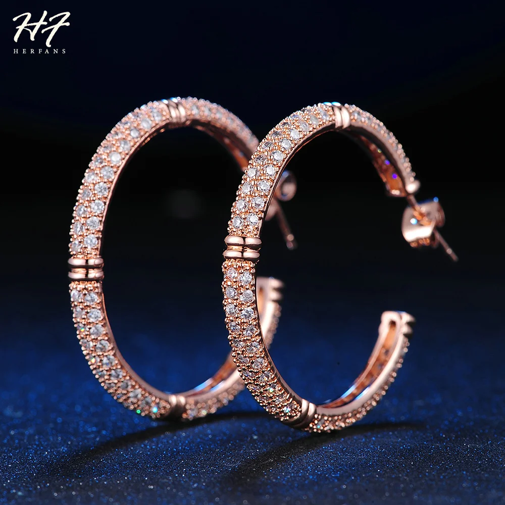 Big Hoop Earrings For Women Rose Gold Color High Quality Austrian Cubic Zirconia Inlaid Luxury Fashion jewelry HotSale E617 | Украшения и