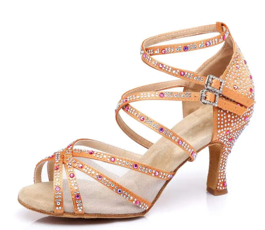 bronze heel 8.5cm Бальные туфли для латинских танцев, сальса, танцевальные туфли для латиноамериканских танцев, женские черные туфли на каблуках, стразы, двойная Пряжка, удобные - Цвет: bronze heel 8.5cm
