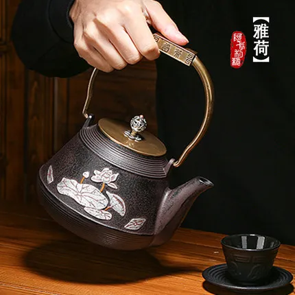 

1200ml No Coated Copper iron Pot Lotus Painting Cast iron Teapot Large Capacity Of the Japanese Old iron Pot Boil Tea Pot