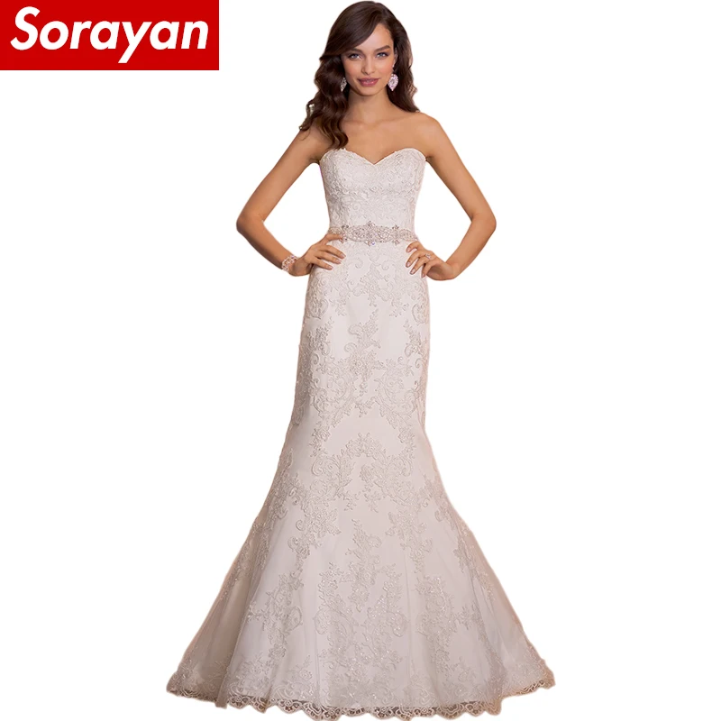 Кружева Бисером Русалка Свадебные Платья 2017 Великолепная Милая Кнопки Старинные