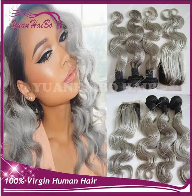 Best Quality 8A 4pcs/lot 1b# grey omber virgin Brazilian hair Body wave with lace closure free shipping |
