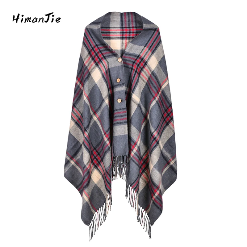 Himajie Осенняя женская обувь Зимний шарф шали кисточкой Plaid Button теплый уличный