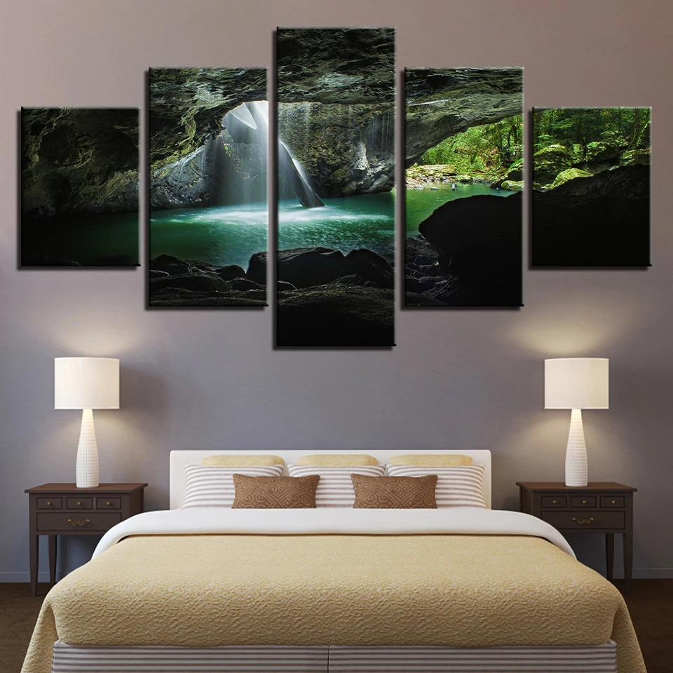Фоторамки HD напечатанные настенные художественные 5 штук пещера река зеленый лес