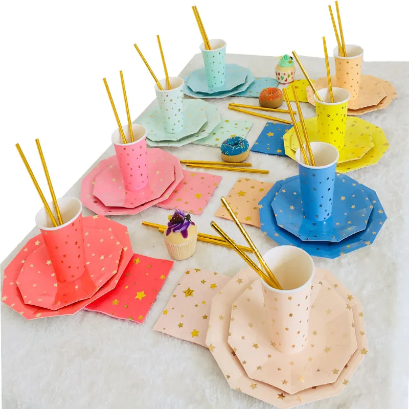 57pcs set Pentagram / Star Star Theme Disposable Tableware Sets Party Plates Cups Paper Straws Birthday Party Decorations Party Supplies - Цвет: 57pcs set