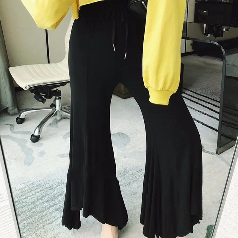 TWOTWINSTYLE Lace Up Pants Female High Waist Elastic Irregular Oversize Long Flare Trousers Autumn 2018 Fashion OL Clothing | Женская