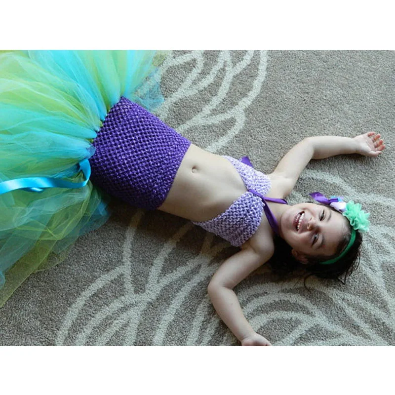 Mermaid Girls Tutu Dress Princess Ariel Kids Tulle with Flower Headband Costume Under the Sea Birthday Photo Prop | Детская одежда и