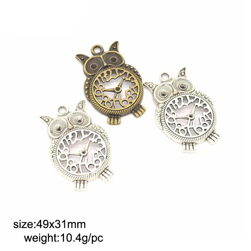 

10pcs/lot 49x31mm Vintage Metal Owl Clock Pendant Charms For Jewelry Making