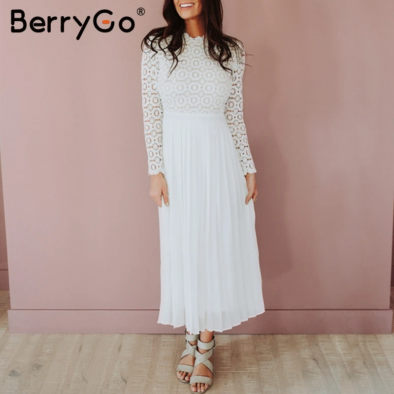 BerryGo Просто, элегантно, кружевное платье для женщин, вышивка, плиссированные, с круглым вырезом, длинные, большие размеры, платья женские, Осень-зима, женские сексуальные вечерние платья