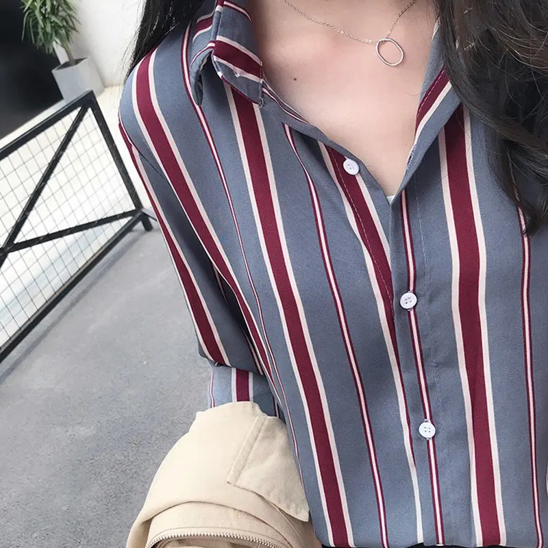 2019 Осенние блузки для женщин полосатая футболка из шифона Blusa Mujer Moda топы с