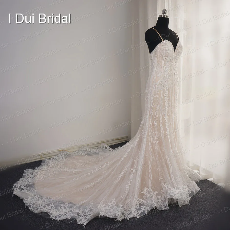 Spaghetti Strap Sheath Bridal Gown Luxury Beaded Unique Lace Vintage Classic Wedding Dress
