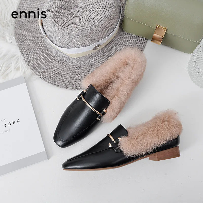 ENNIS/ г., черные Лоферы женская обувь из натуральной кожи, без задника, зимняя обувь с натуральным кроличьим мехом, пряжки для тапочек, модная повседневная обувь C857