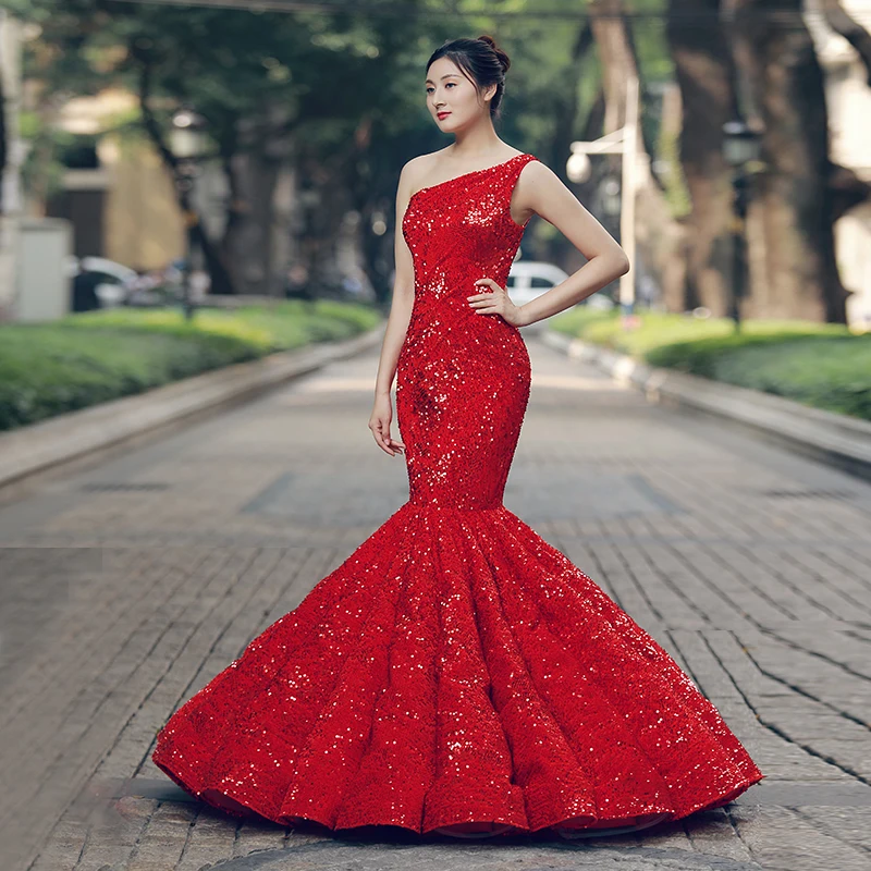 J66574 jancember elegant mermaid evening dress one shoulder floor length red bride wedding party dresses robe soiree rouge marié | Свадьбы и