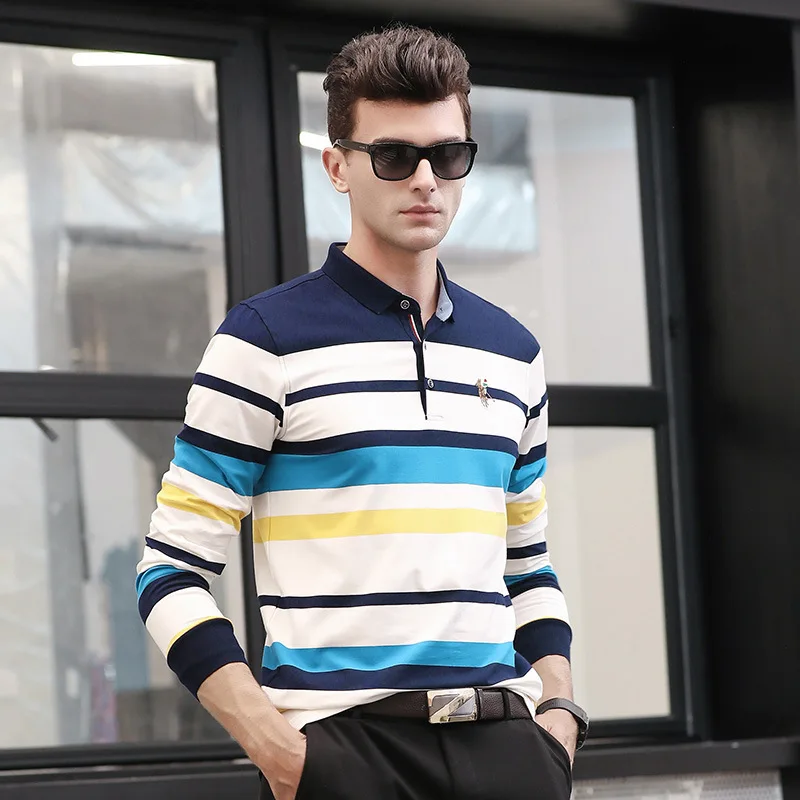 2019 Automne Hommes de Bande мужские поло chemise En Coton A Manches Longues Revers купить за год | Мужская одежда