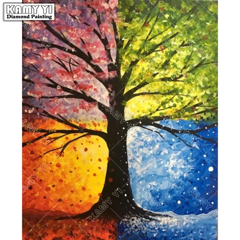 Камни в форме ромба дрель 5D DIY Алмазная вышивка Four seasons деревья крестиком на