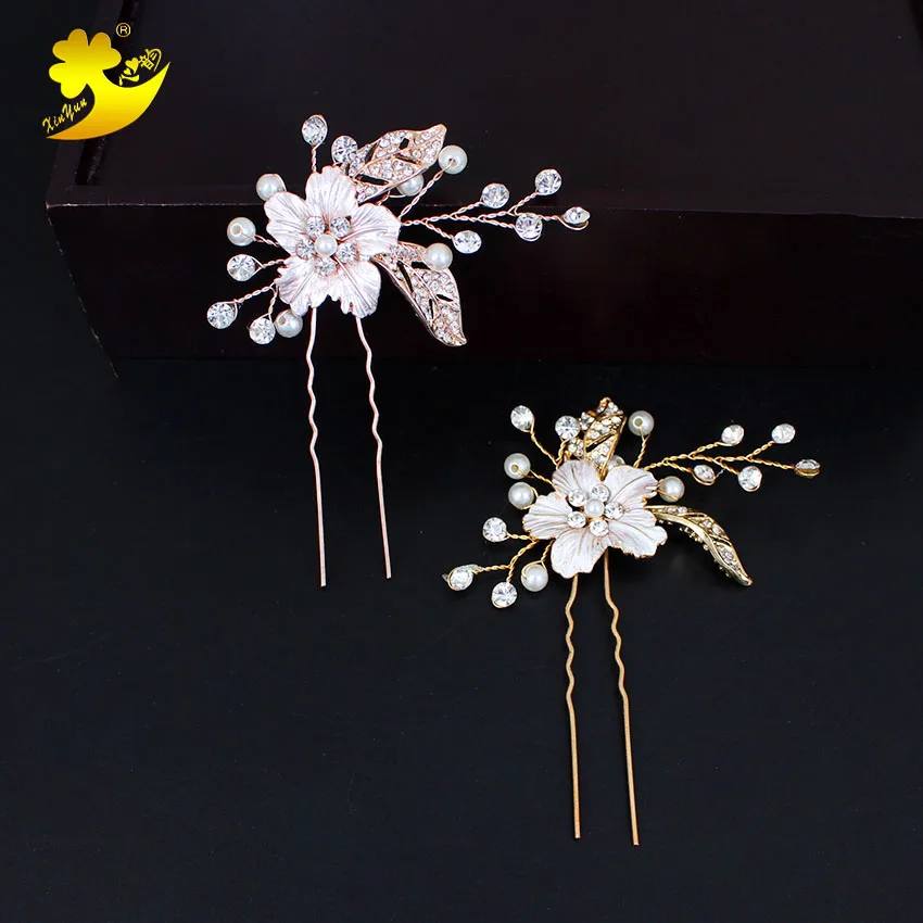 Xinyun New Romantic Hair Pins Accessories Golden Openwork Leaf Bridal Accessory Rhinestone Pearl U-Shaped Girl Hairpin | Украшения и