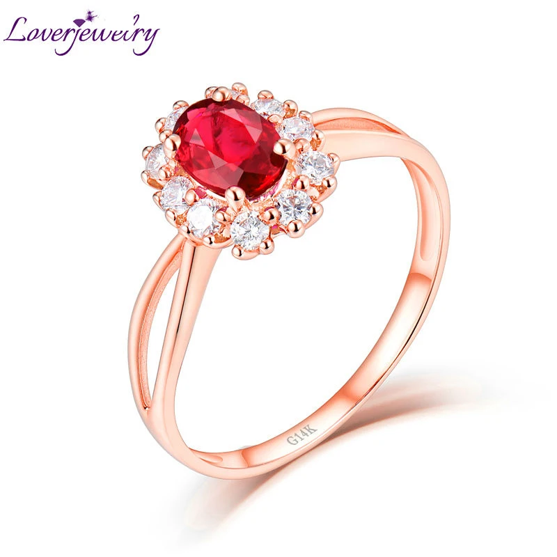 

LOVERJEWELRY Red Ruby Engagement Rings For Women 14kt Rose Gold Natural Diamonds Gemstone Rings Jewelry Newest Trendy Party Ring