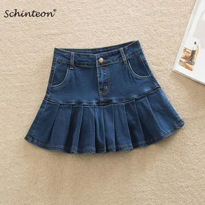Schinteon женские летние джинсовые шорты мини юбки сексуальные плиссированные юбки с рюшами джинсы высшего качества размер 38 40