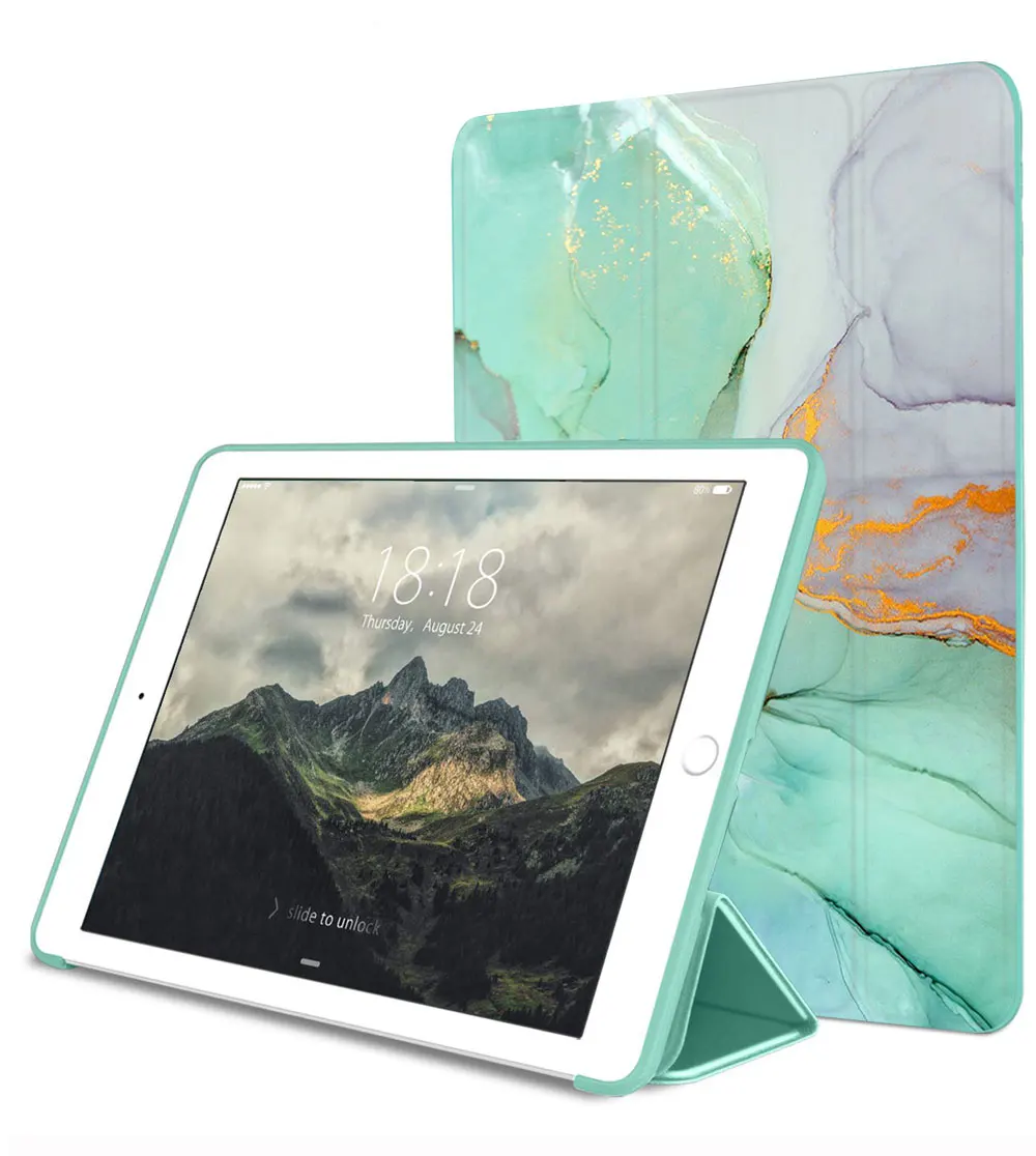 Green marble painted for iPad Air 1 2 rd GenerationCase Smart Cover Trifold Stand Soft Back Cover for iPad Air air2 5 6 Auto Sleep/Wake A1566 A1567 - Color: Green marble painted