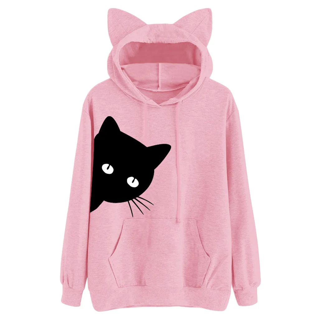 Женские толстовки с капюшоном Kawaii Cat Осенний пуловер и длинными рукавами большие