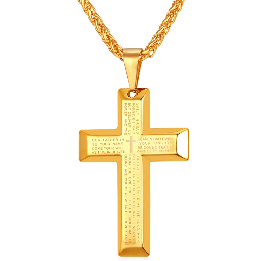 

Kpop Cross Pendant Necklace Stainless Steel Yellow Gold Color English Bible Charm Necklace Women Men Christian Jewelry P2193