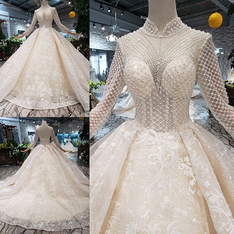 Женское свадебное платье со шлейфом SSYFashion роскошное цвета шампанского с длинным