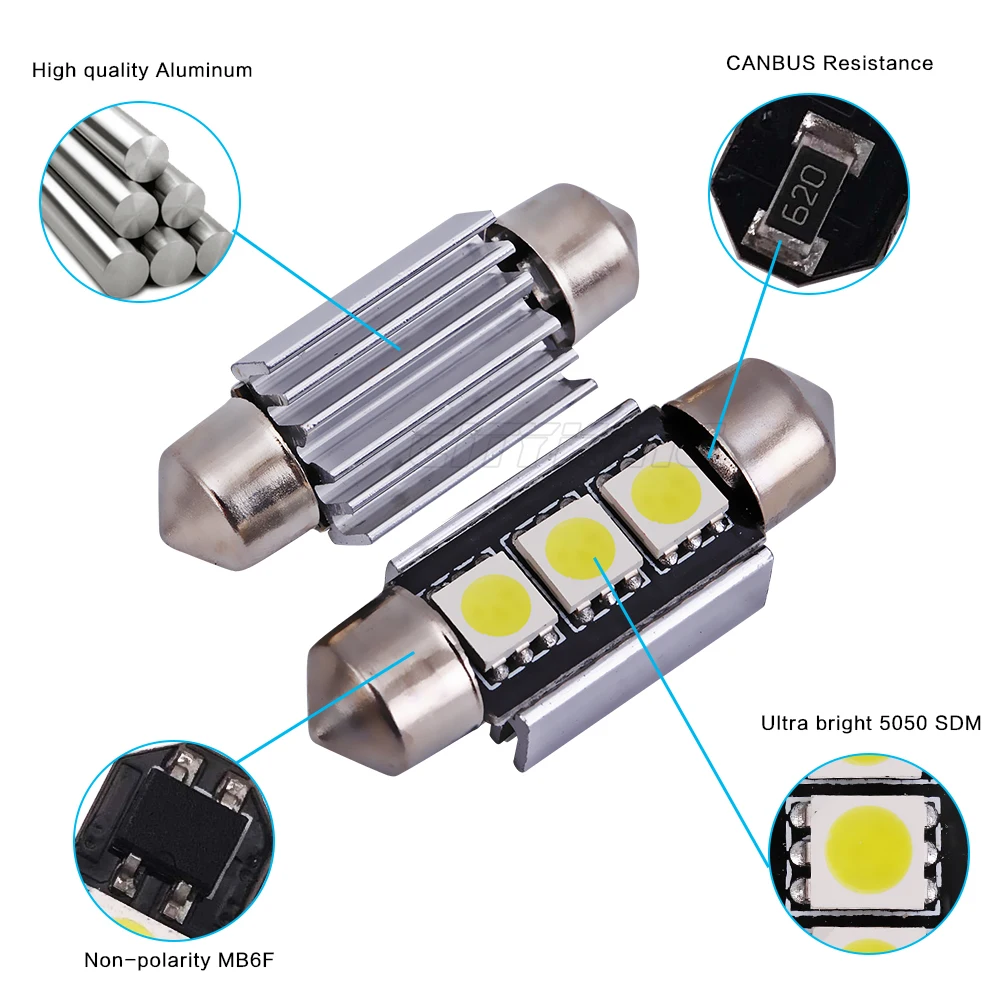 Бесплатная доставка 2 шт./лот Festoon 3smd 5050 led 36 мм 39 41 белый купол LED CANBUS безошибочная