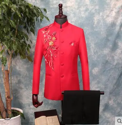 stand collar mens Chinese tunic suit set pants wedding Sequin embroidery singer chorus stage trajes para hombre white red | Мужская