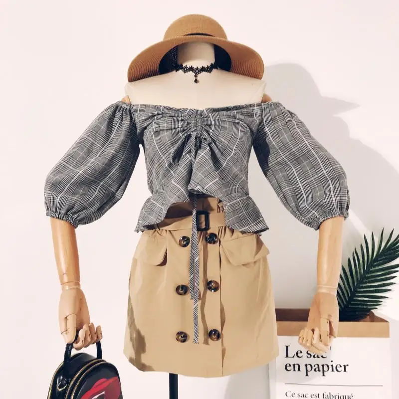 2018 новые модные женские blusas Осень ретро плед slash шеи короткий блузка рубашка