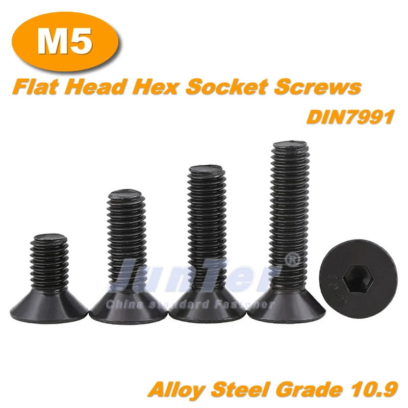 

100pcs/lot M5(5mm) Black Alloy Steel Grade10.9 High Tensile Flat Allen Bolts Hexagon Socket Countersunk Head Screws DIN7991