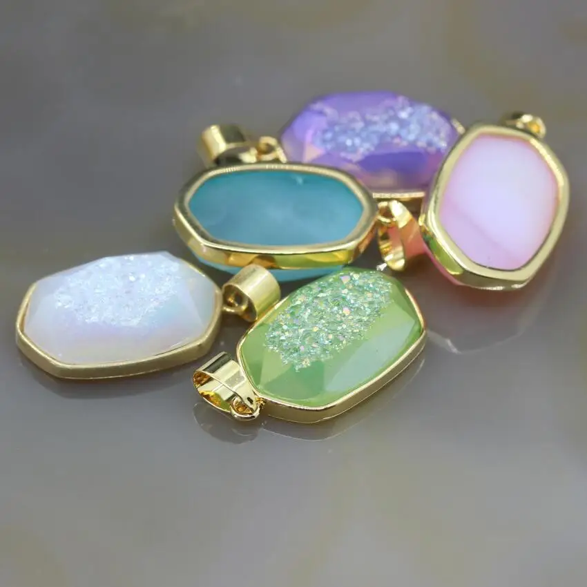 5Pcs/lot Gold Edges Faceted Slab Nugget Charms Beautiful Color Agates Druzy Geode Raw Quartz Drusy Necklace Pendants | Украшения и