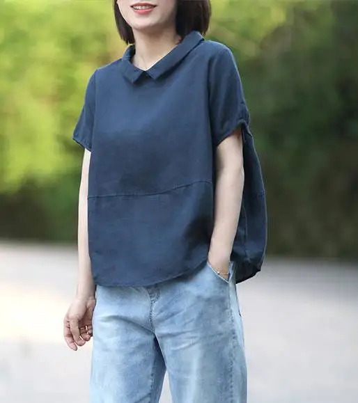 F&je Summer Women Shirt Plus Size Loose Casual Short Sleeve Peter Pan Collar Patchwork linen Tops Vintage Female Blouse Big D6 - Цвет: dark blue