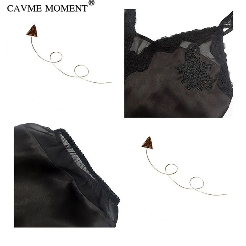 CAVME Luxury Silk Pajama Sets Women Ladies's Lace Spaghetti Strap Shorts Sleepwear Solid Color Black 2 Pieces Homewear for 135G