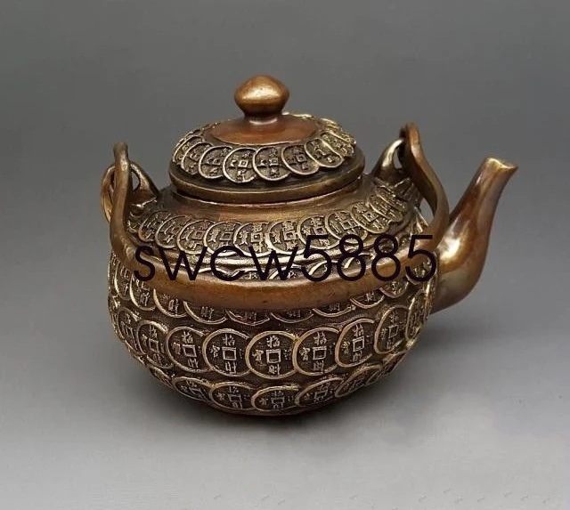 Old Chinese Brass Copper Wealth Money Coin Portable Wine Tea Pot Flagon NR | Дом и сад