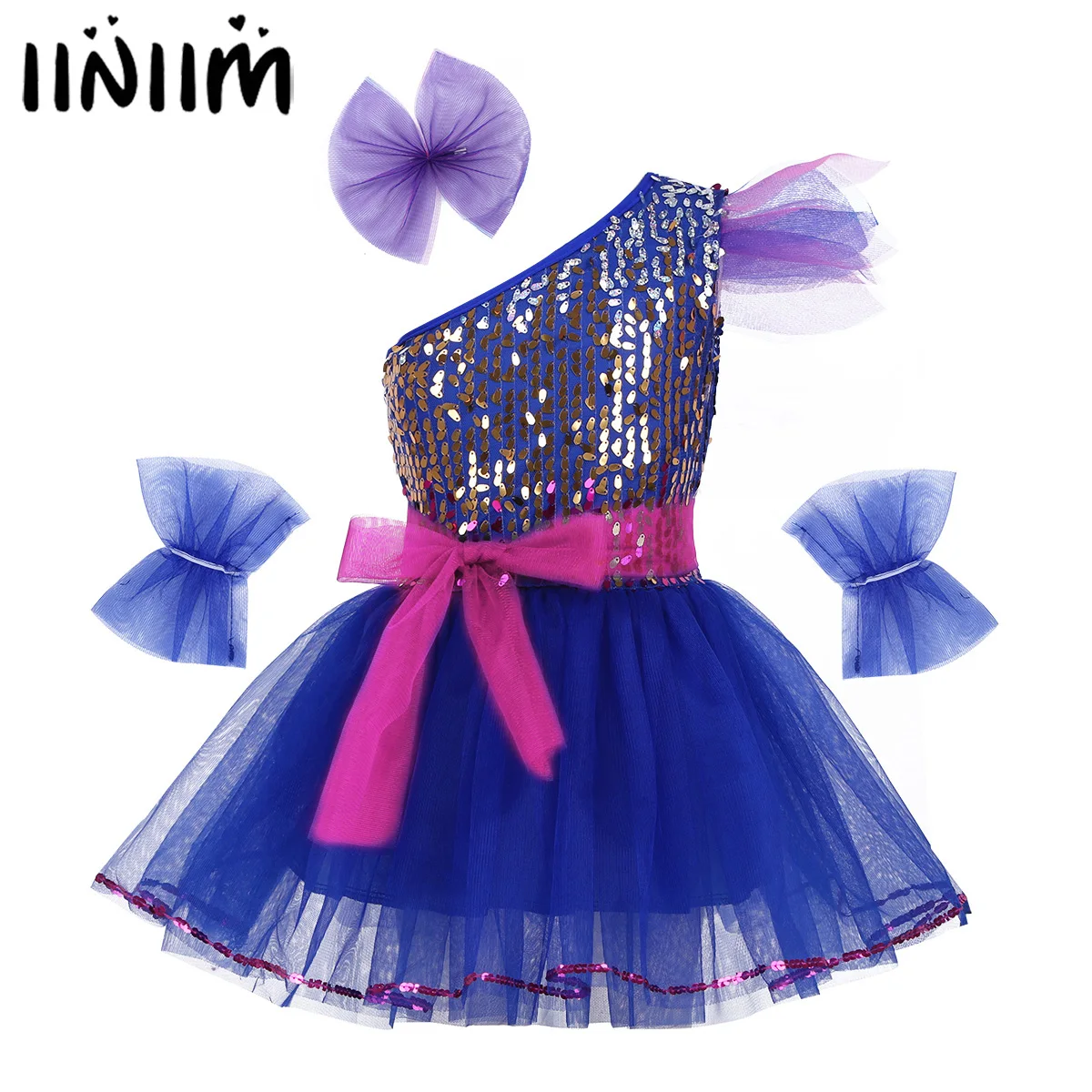 

iiniim Kids Girls Leotard Dancewear Costume One-Shoulder Sparkly Sequins Mesh Dress with Hairclip Ballet Tutu Dance Dress