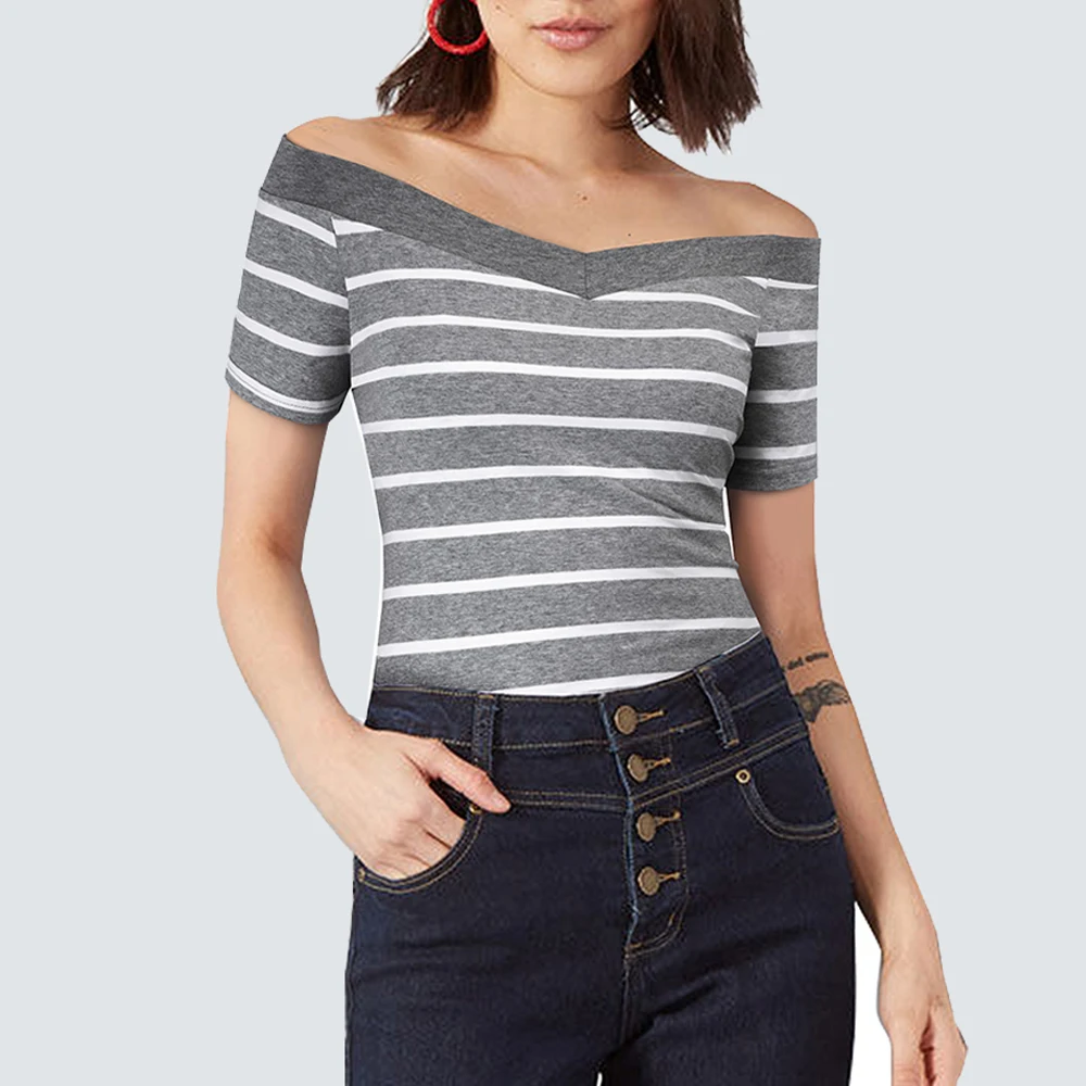 

Женская летняя повседневная Приталенная футболка в классическую полоску с воротником-лодочкой HT042