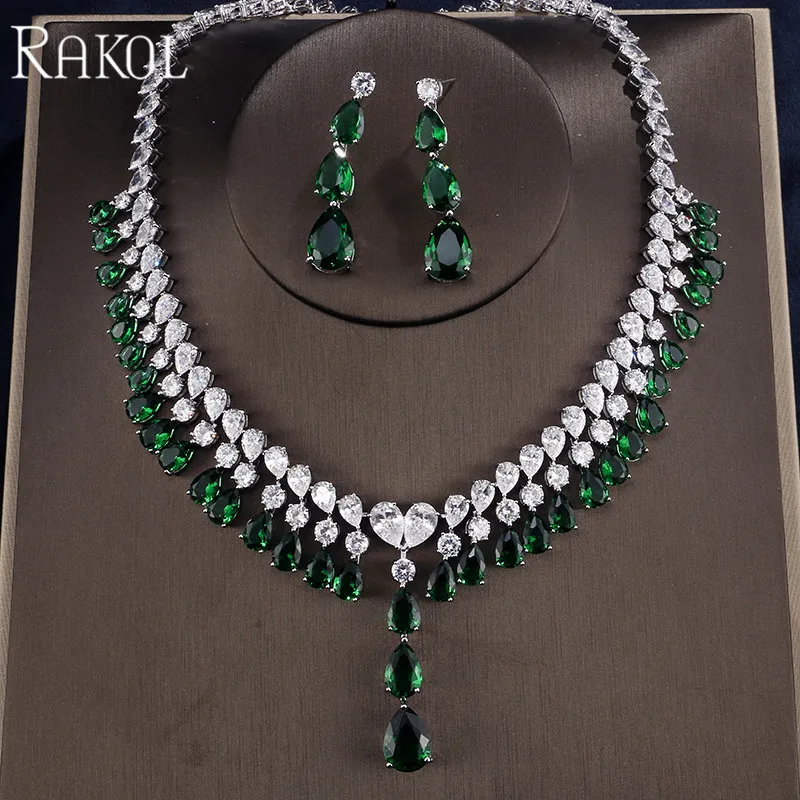 RAKOL Нигерия свадебный набор украшений для женщин AAA кубический циркон в виде капли воды синие кристаллы, колье и серьги