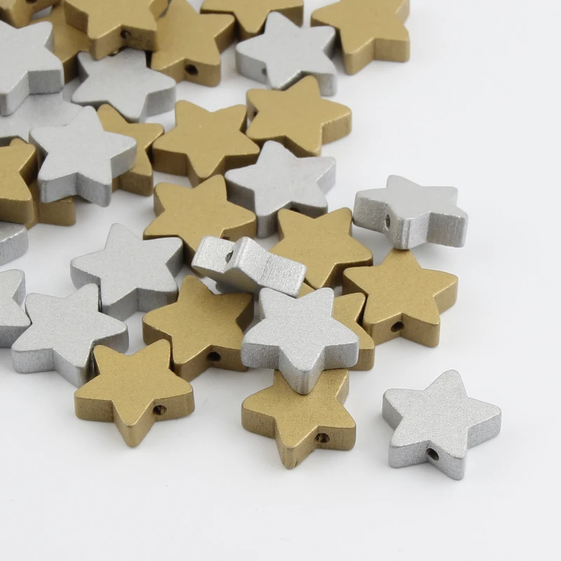 30pcs Gold/Silver Color Star Shape Wooden Beads Loose Spacer For Jewelry Making Diy Necklace Bracelet 15x15mm | Украшения и