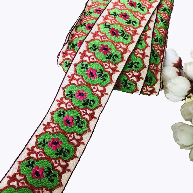 

10yards/lot wide 4.5cm Woven Jacquard Ribbon Trims flowers design green red for clothing straps accessory LS-779